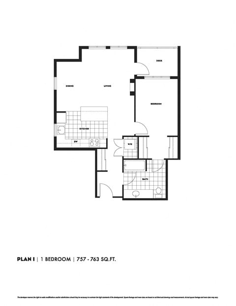 Floor plan for 1 bed, 1 bath, 795 sqft